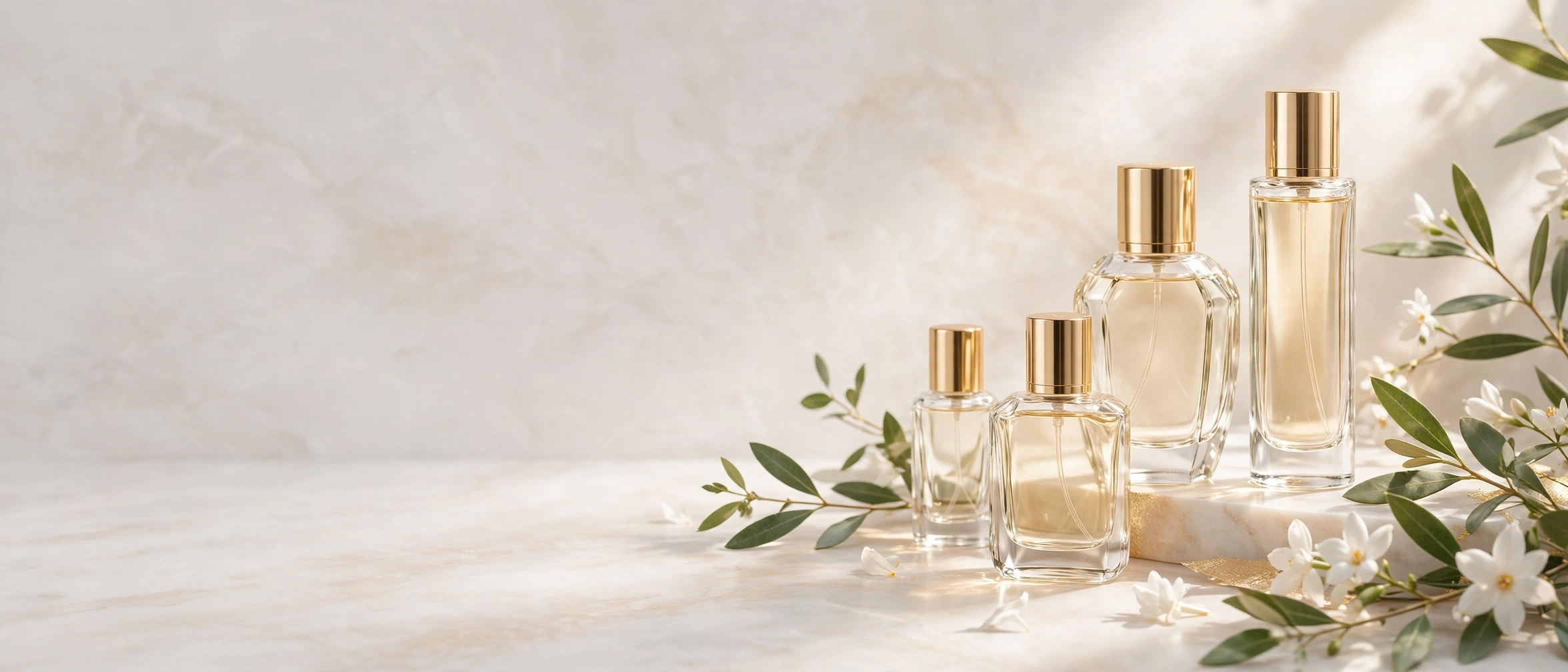 Piviani hero banner showing four perfume bottles with white flowers