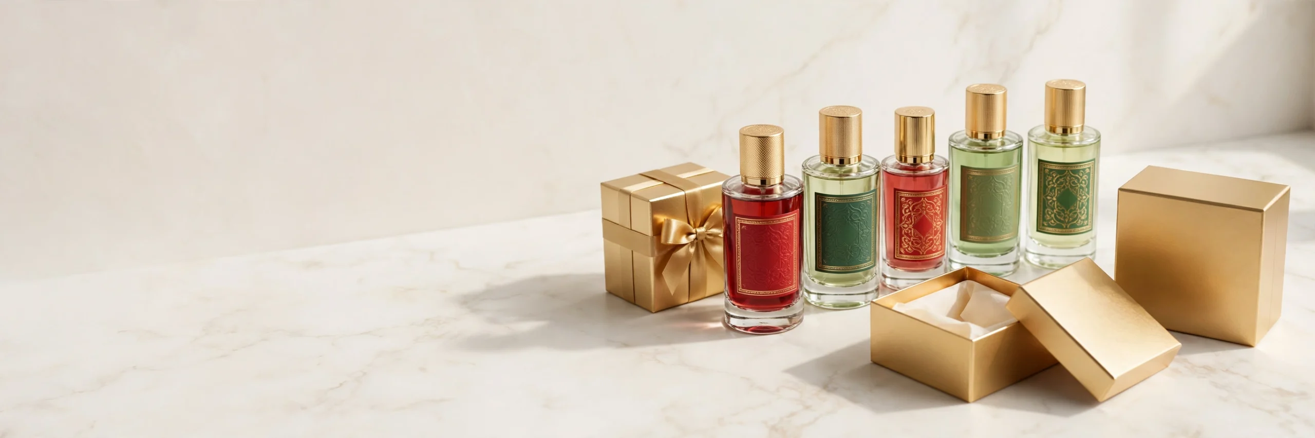 Five Piviani perfume bottles with gold gift boxes