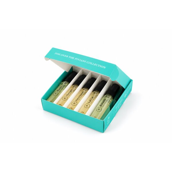 piviani-tester-discovery-box-open Piviani Tester Collection discovery box with five 5ml perfume testers